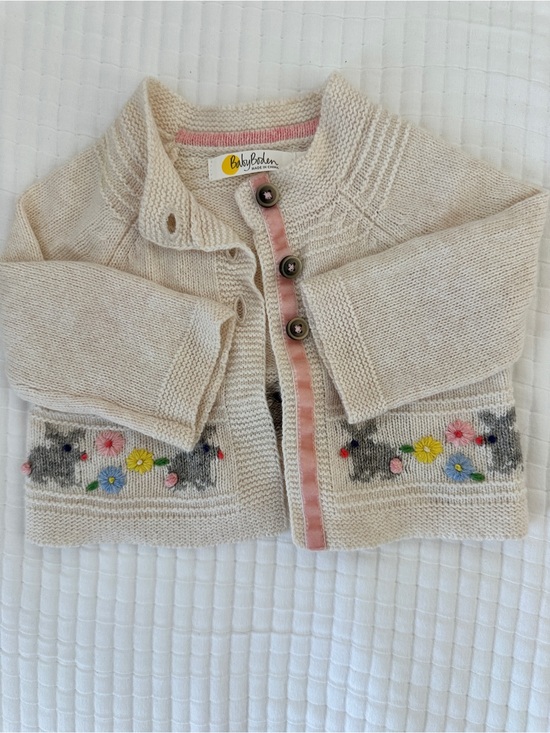 Baby Boden Other - Baby Boden Cream Cardigan with Gray Bunny & Pastel Flower Embroidery
